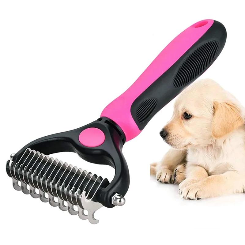 Alsidig kæledyrshårbørste, ergonomisk designet, blå eller pink, velegnet til hunde og katte.