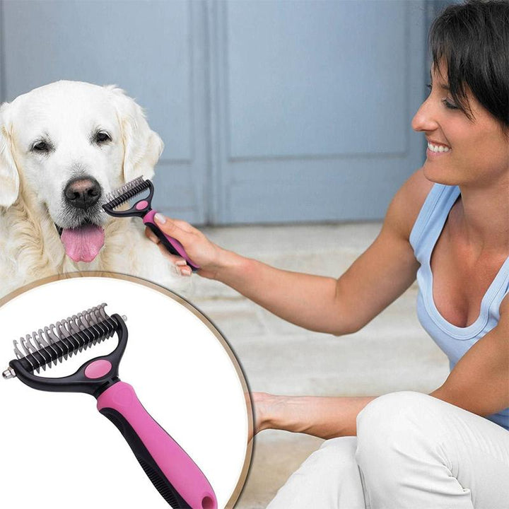 Alsidig kæledyrshårbørste, ergonomisk designet, blå eller pink, velegnet til hunde og katte.