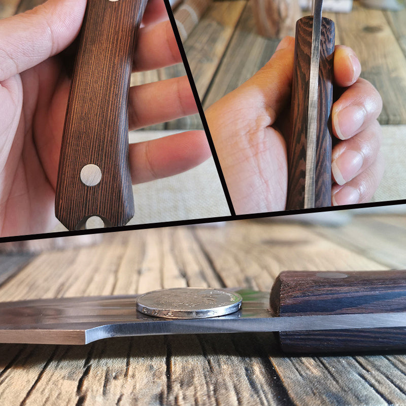 Alsidig slagterkniv med ergonomisk træhåndtag og læderbeskytter, lavet af rustfrit stål, med en skarp klinge og robust konstruktion.