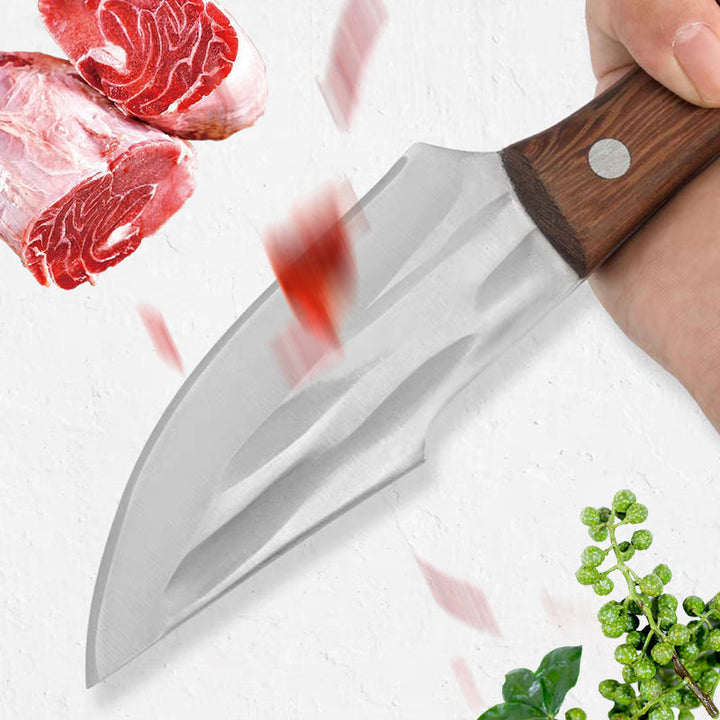 Alsidig slagterkniv med ergonomisk træhåndtag og læderbeskytter, lavet af rustfrit stål, med en skarp klinge og robust konstruktion.