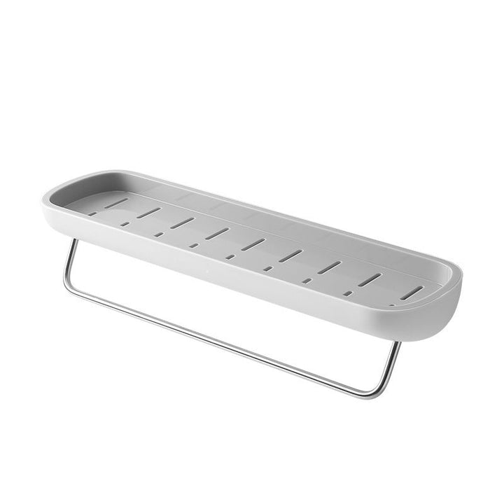 Multifunktionel klæbehyllede organizer i sort, holdbart PET-materiale, åbent design med drænhuller.