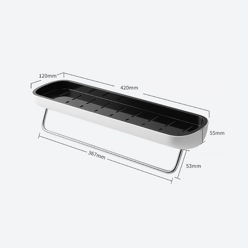 Multifunktionel klæbehyllede organizer i sort, holdbart PET-materiale, åbent design med drænhuller.