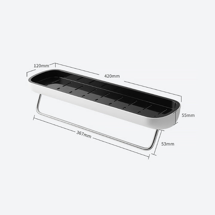 Multifunktionel klæbehyllede organizer i sort, holdbart PET-materiale, åbent design med drænhuller.