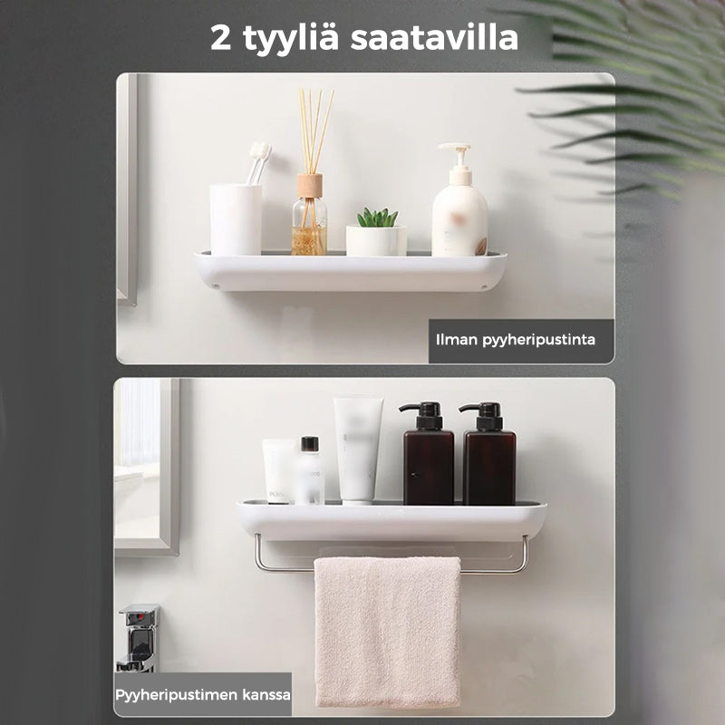 Multifunktionel klæbehyllede organizer i sort, holdbart PET-materiale, åbent design med drænhuller.
