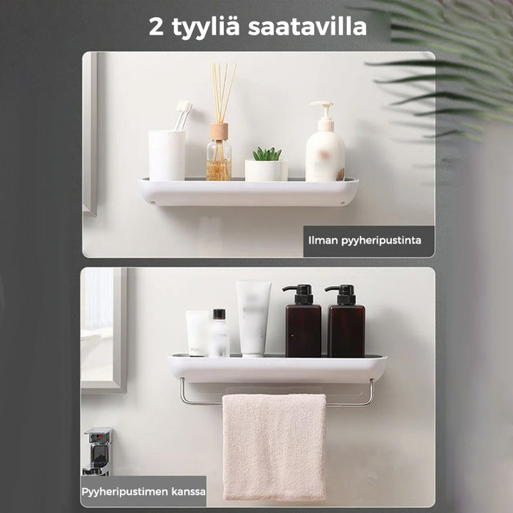 Multifunktionel klæbehyllede organizer i sort, holdbart PET-materiale, åbent design med drænhuller.