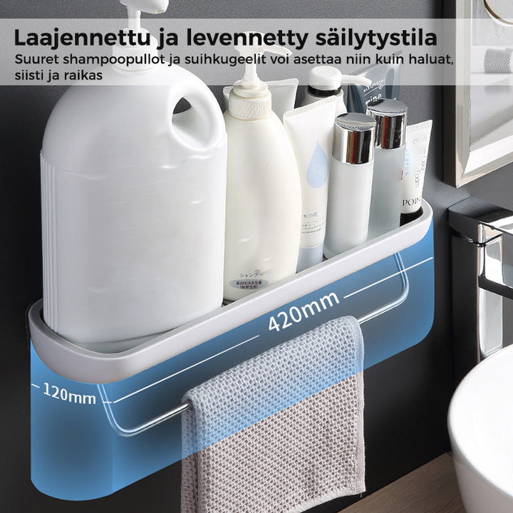 Multifunktionel klæbehyllede organizer i sort, holdbart PET-materiale, åbent design med drænhuller.