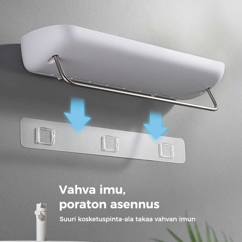 Multifunktionel klæbehyllede organizer i sort, holdbart PET-materiale, åbent design med drænhuller.