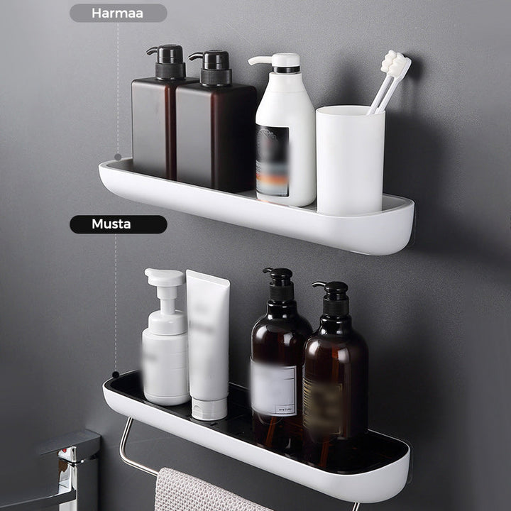 Multifunktionel klæbehyllede organizer i sort, holdbart PET-materiale, åbent design med drænhuller.