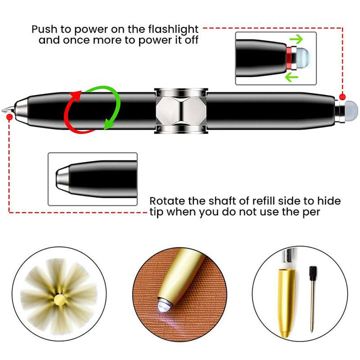 Multifunktionel kuglepen i mat sort med LED-lys, kobberstel, LED-lommelygte, stilfuld stresshåndtering.
