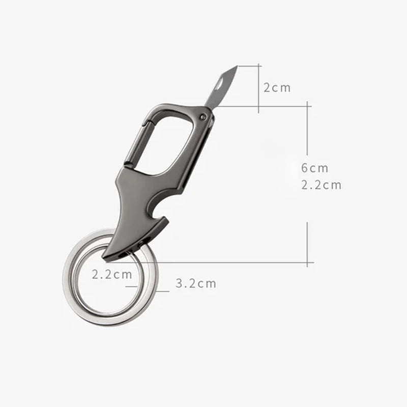 Multifunktionel metal nøglering med flaskeåbner, elegant sølv- og brunfarvet vedhængsdesign, praktisk tilbehør