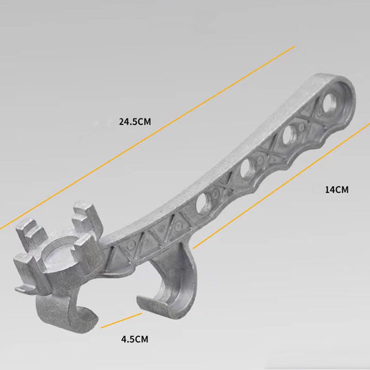 Multifunktionel metalspandsåbner, ergonomisk design, holdbar aluminiumskonstruktion, let håndtag, åbner beholdere.