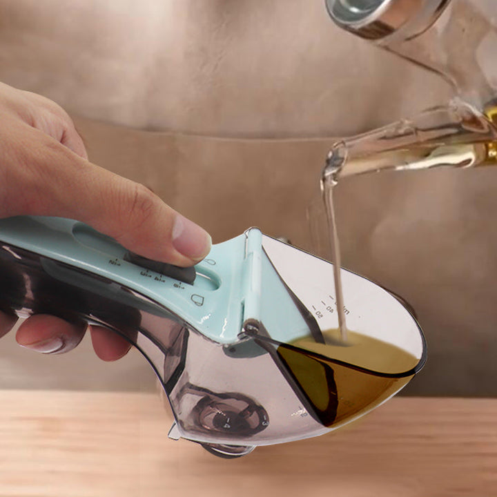 Multifunktionel måleske til køkkenet, justerbar, fødevaregodkendt plast, ergonomisk design, hjemmetilbehør.