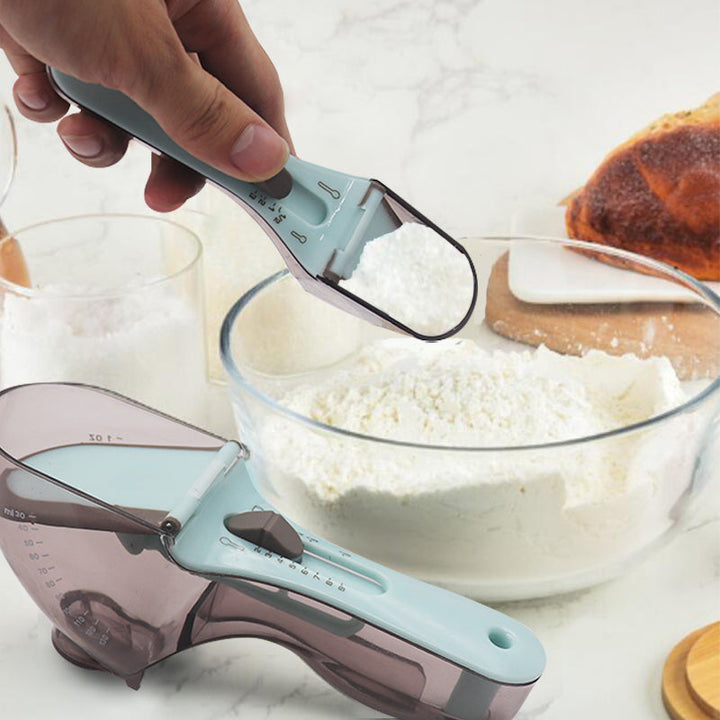 Multifunktionel måleske til køkkenet, justerbar, fødevaregodkendt plast, ergonomisk design, hjemmetilbehør.