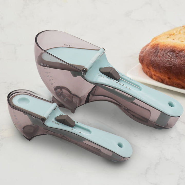 Multifunktionel måleske til køkkenet, justerbar, fødevaregodkendt plast, ergonomisk design, hjemmetilbehør.