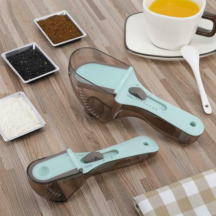 Multifunktionel måleske til køkkenet, justerbar, fødevaregodkendt plast, ergonomisk design, hjemmetilbehør.