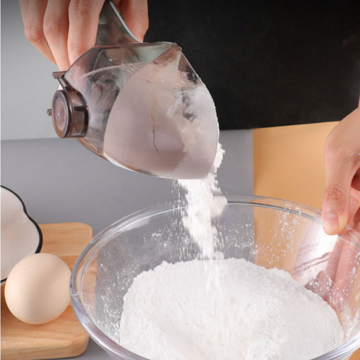 Multifunktionel måleske til køkkenet, justerbar, fødevaregodkendt plast, ergonomisk design, hjemmetilbehør.