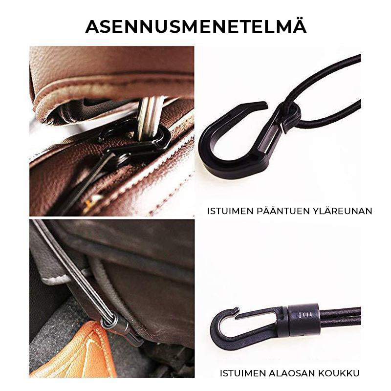 Monikäyttöinen auton istuimen säilytysverkko, joka auttaa pitämään auton järjestyksessä ja estää lemmikkejä siirtymästä eteenpäin.