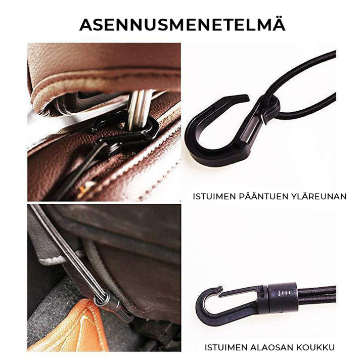 Monikäyttöinen auton istuimen säilytysverkko, joka auttaa pitämään auton järjestyksessä ja estää lemmikkejä siirtymästä eteenpäin.
