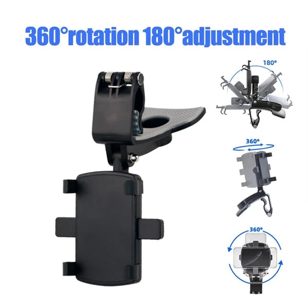 Monikäyttöinen musta auton puhelinpidike kojelautaan, helppo clip-on kiinnitys, 360° kääntyvyys, kestävä rakenne.