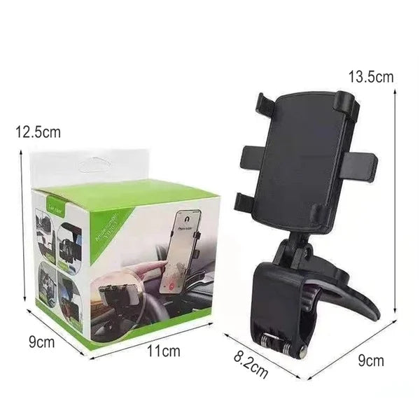 Monikäyttöinen musta auton puhelinpidike kojelautaan, helppo clip-on kiinnitys, 360° kääntyvyys, kestävä rakenne.