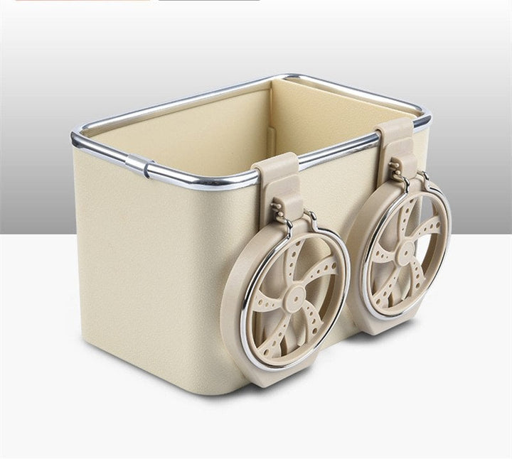 Multifunktionel sort/beige bil armlæn opbevaringsboks, alsidig, elegant og pladsbesparende løsning.