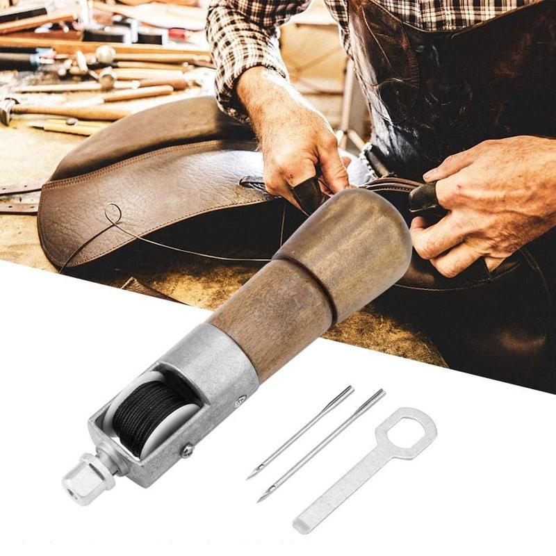 "Monikäyttöinen nahkaompelukone käsityöharrastajille, teräsrakenne puukahvalla, täydellinen nahka- ja kangasprojekteihin."