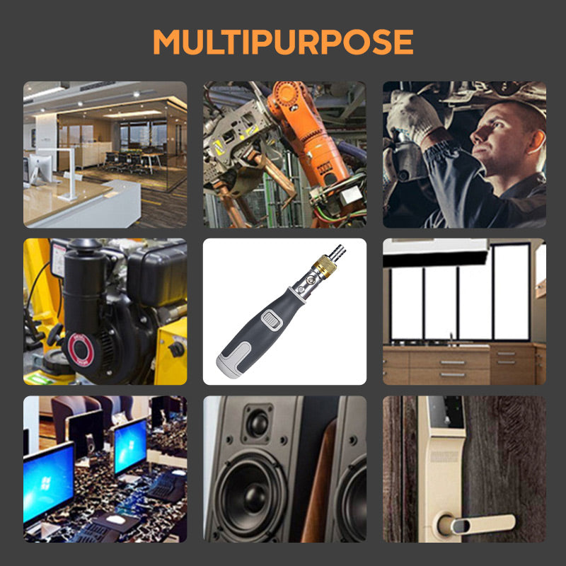 Multifunktionel orange-grå 10-i-1 skraldeskruetrækker, skridsikkert håndtag, S2-legeringsstålklinger.
