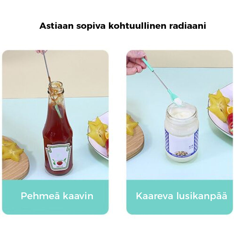 Alsidig, rød silikone teleskopspatel med justerbar stang er ideel til høje krukker.