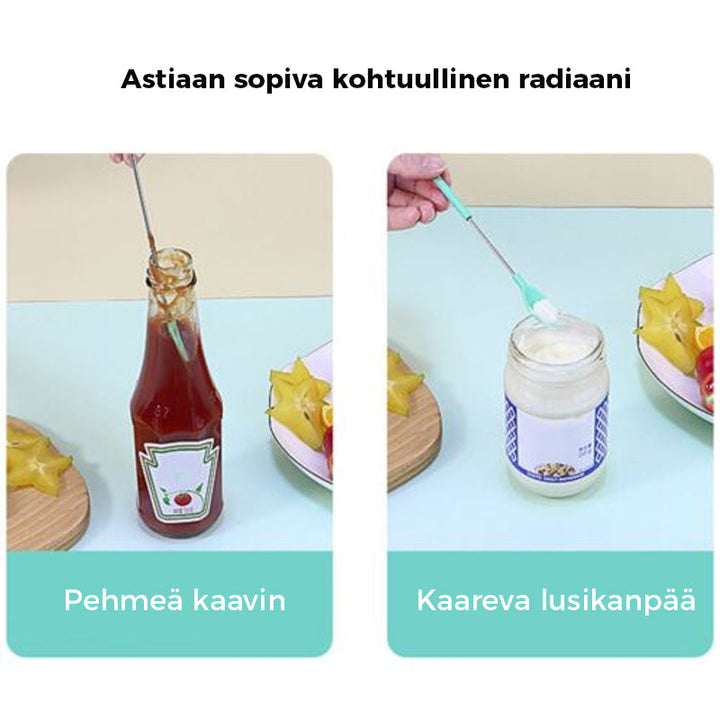 Alsidig, rød silikone teleskopspatel med justerbar stang er ideel til høje krukker.