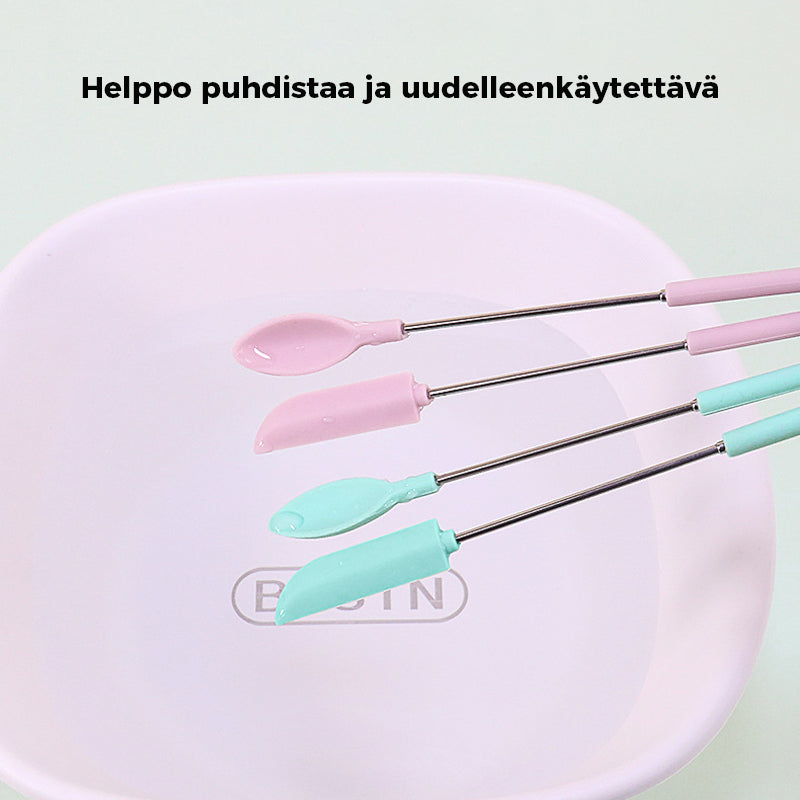 Alsidig, rød silikone teleskopspatel med justerbar stang er ideel til høje krukker.