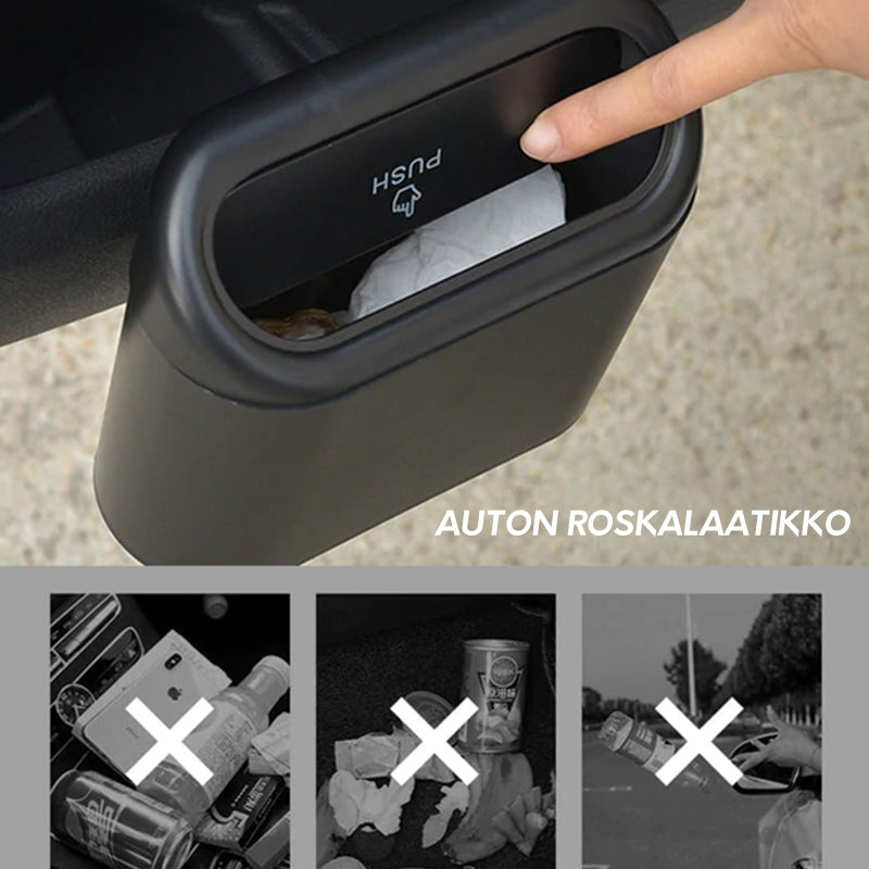 "Monikäyttöinen riippuva roskakori autoon, jousikannella, musta, ABS-muovia ja silikonia, kompakti, helppo ripustaa"