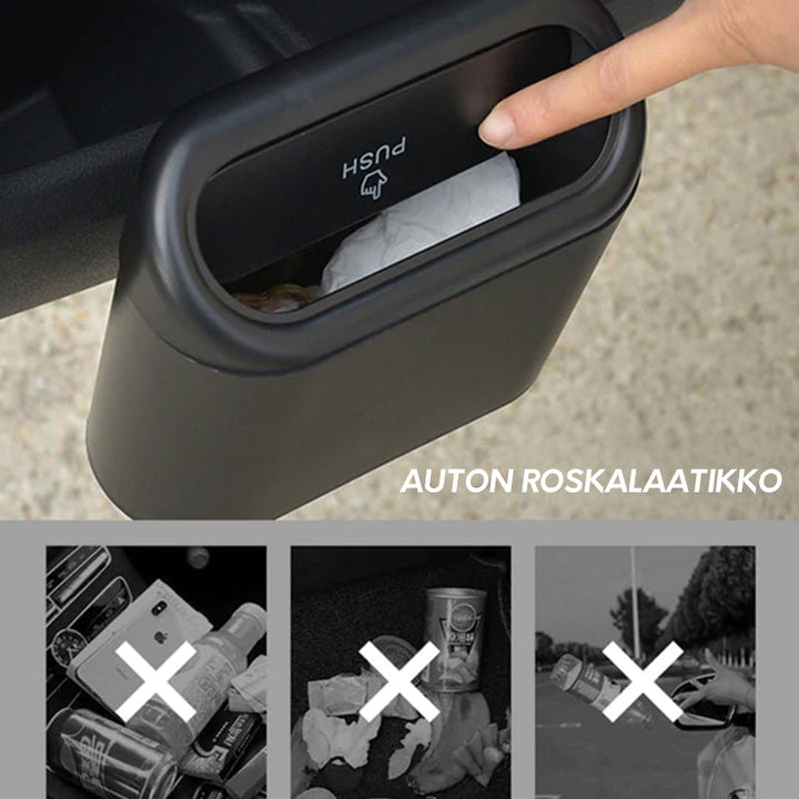 "Monikäyttöinen riippuva roskakori autoon, jousikannella, musta, ABS-muovia ja silikonia, kompakti, helppo ripustaa"