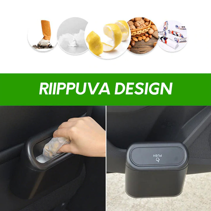 "Monikäyttöinen riippuva roskakori autoon, jousikannella, musta, ABS-muovia ja silikonia, kompakti, helppo ripustaa"