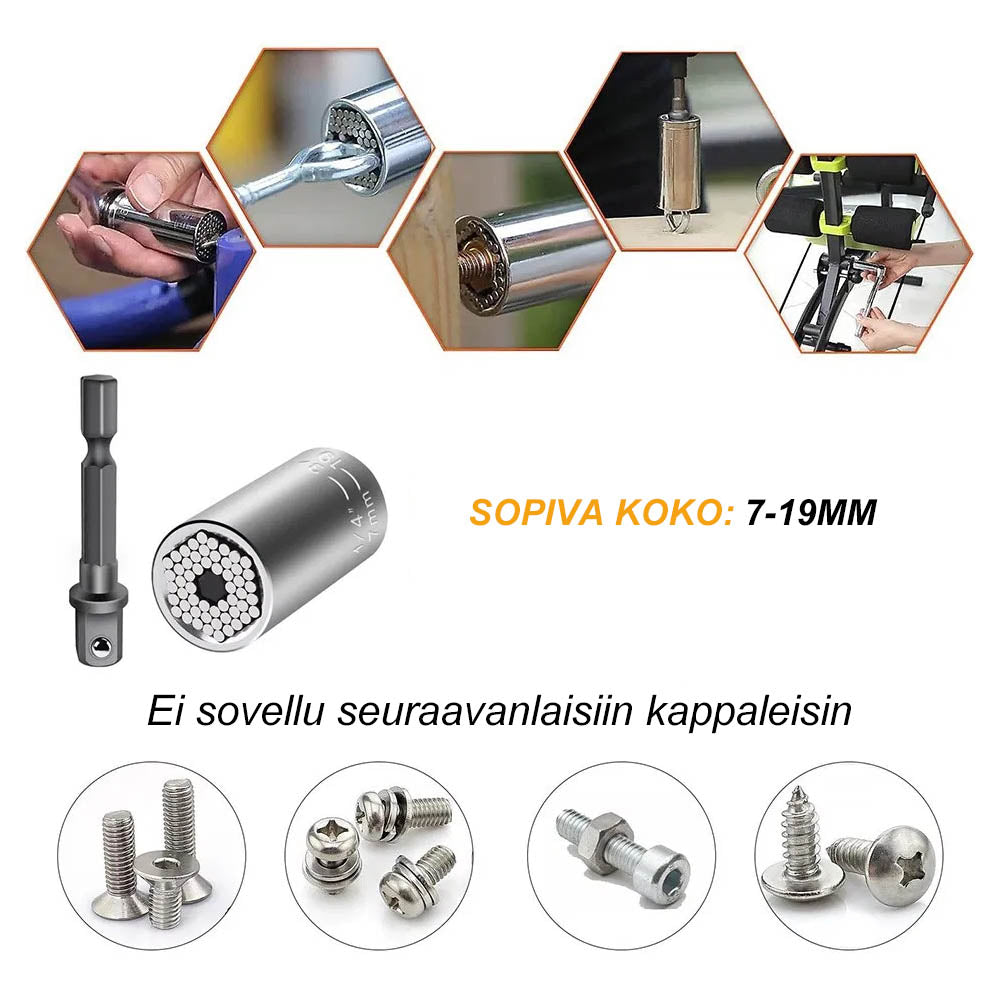 Multifunktionelt hylseværktøj i rustfrit stål til mænd og kvinder, der tilpasser sig mange typer møtrikker; holdbart og innovativt multivrktøj.