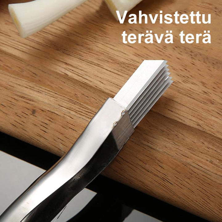 Alsidig hakker i rustfrit stål, skarpt stålskær, fast greb, moderne sølvfarvet design, nem at bruge.