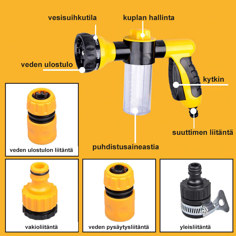 Justerbar haveslange dyse med otte vandingsmønstre, holdbar metalstruktur, gummiisolering.