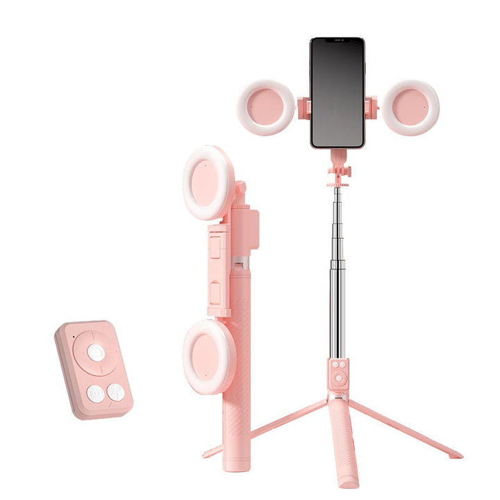 Multifunktionel selfie stick, fyldlys, Bluetooth, kompakt og let, justerbar længde, rustfrit stål, 360° holder