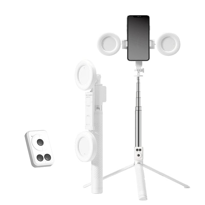 Multifunktionel selfie stick, fyldlys, Bluetooth, kompakt og let, justerbar længde, rustfrit stål, 360° holder