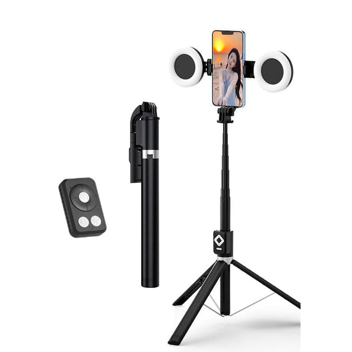 Multifunktionel selfie stick, fyldlys, Bluetooth, kompakt og let, justerbar længde, rustfrit stål, 360° holder