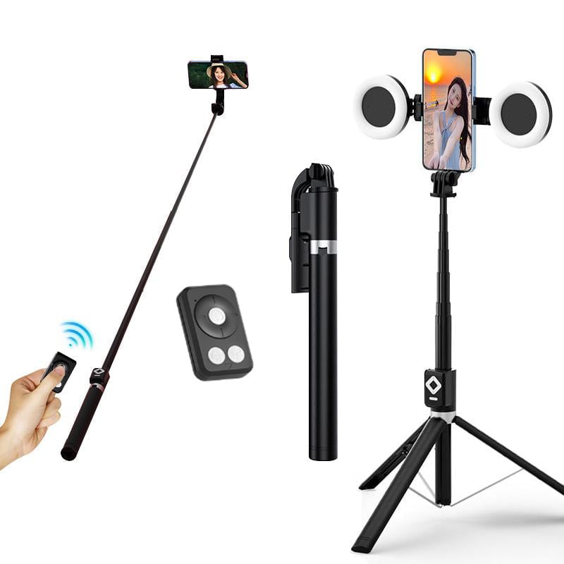 Multifunktionel selfie stick, fyldlys, Bluetooth, kompakt og let, justerbar længde, rustfrit stål, 360° holder