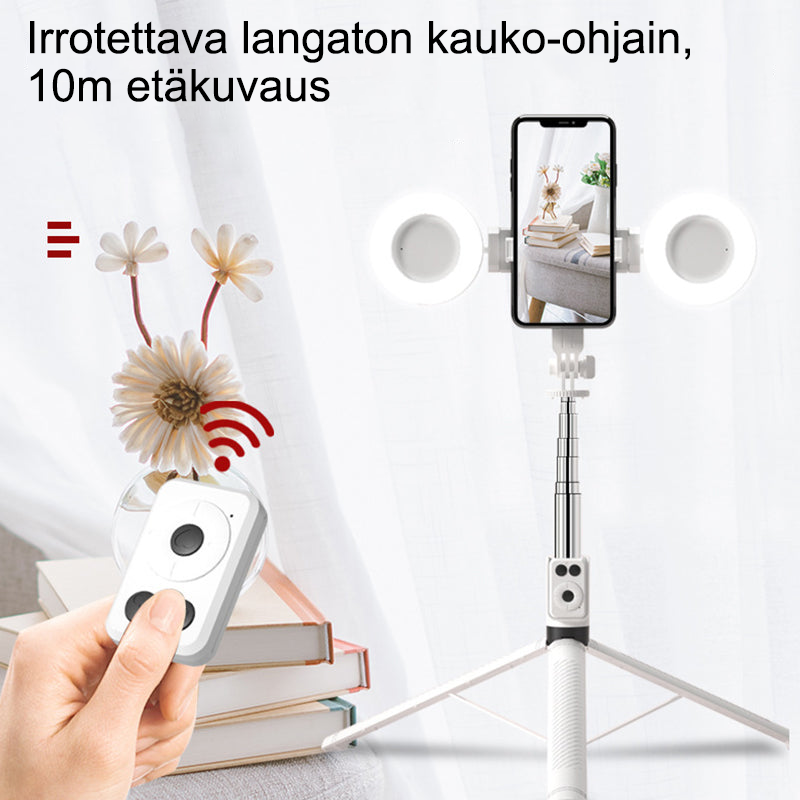Multifunktionel selfie stick, fyldlys, Bluetooth, kompakt og let, justerbar længde, rustfrit stål, 360° holder