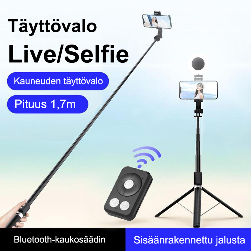 Multifunktionel selfie stick, fyldlys, Bluetooth, kompakt og let, justerbar længde, rustfrit stål, 360° holder