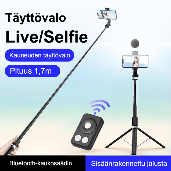 Multifunktionel selfie stick, fyldlys, Bluetooth, kompakt og let, justerbar længde, rustfrit stål, 360° holder