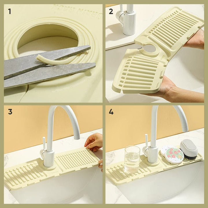 Monikäyttöinen silikoninen tyhjennysmatto keittiöön ja kylpyhuoneeseen, moderni muotoilu, beige, harmaa, keltainen sävyt.