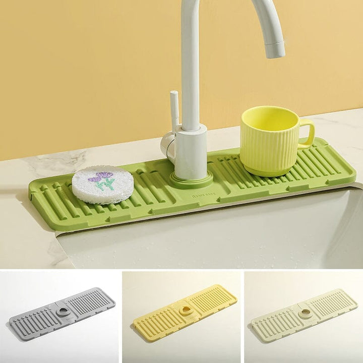 Monikäyttöinen silikoninen tyhjennysmatto keittiöön ja kylpyhuoneeseen, moderni muotoilu, beige, harmaa, keltainen sävyt.