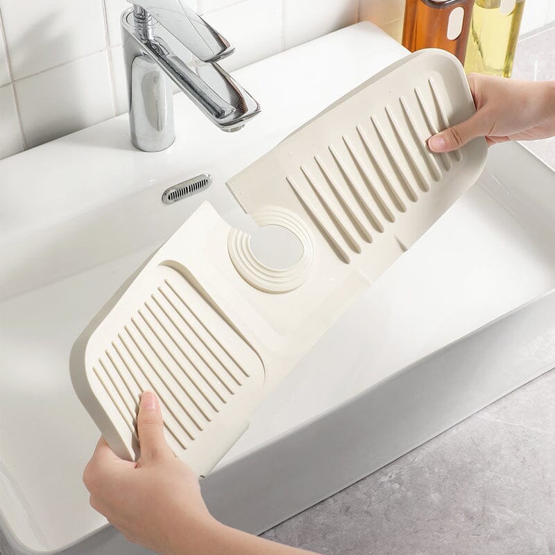 Multifunktionel silikonemåtte til køkken og badeværelse, moderne design, beige, grå, gule nuancer.