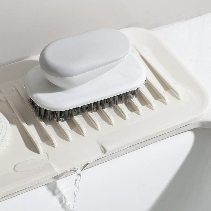 Multifunktionel silikonemåtte til køkken og badeværelse, moderne design, beige, grå, gule nuancer.