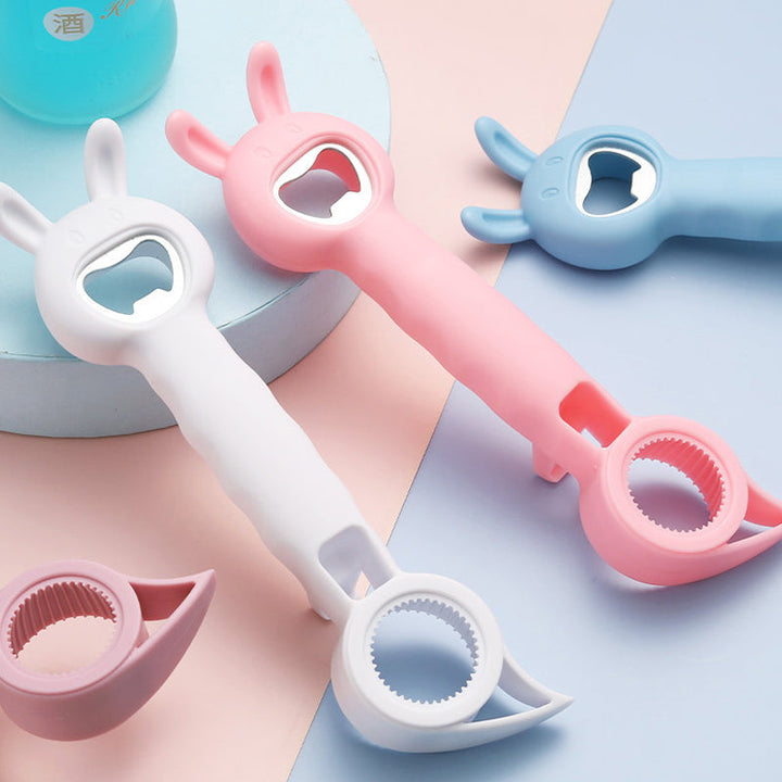 Multifunktionel sød flaskeåbner, fire farver: blå, lyserød, hvid, lilla, ergonomisk 4-i-1 design.