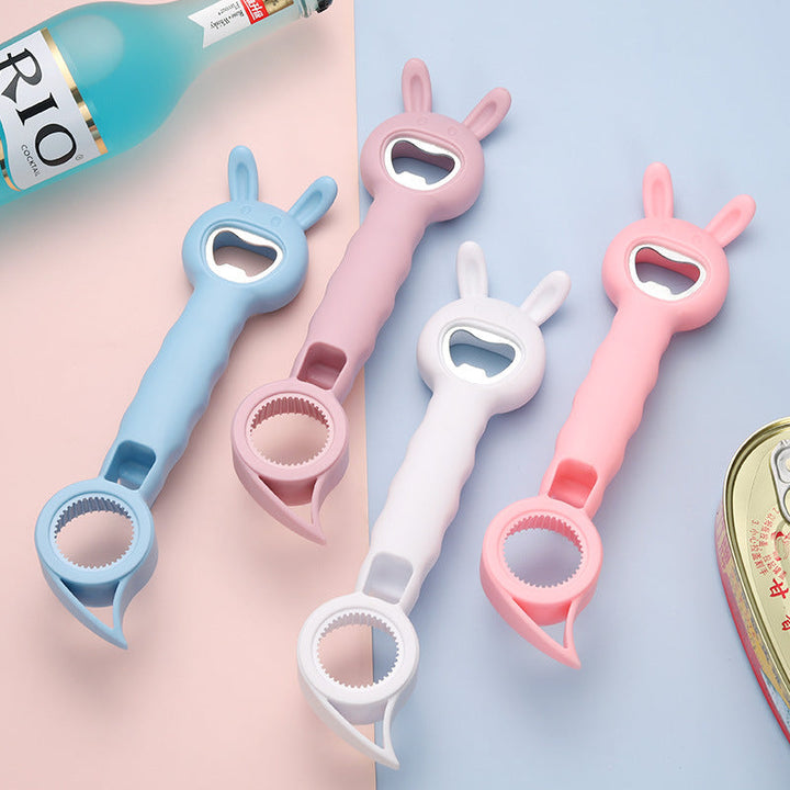 Multifunktionel sød flaskeåbner, fire farver: blå, lyserød, hvid, lilla, ergonomisk 4-i-1 design.