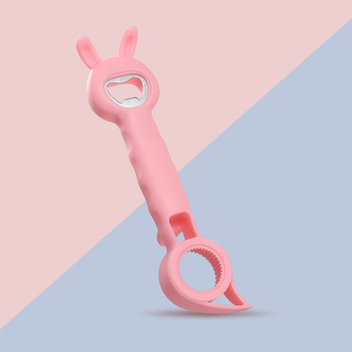 Multifunktionel sød flaskeåbner, fire farver: blå, lyserød, hvid, lilla, ergonomisk 4-i-1 design.